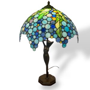 lampada in bronzo raffigurante ballerina con paralume in vetro colorato a grappoli d'uva, Italia, epoca Liberty